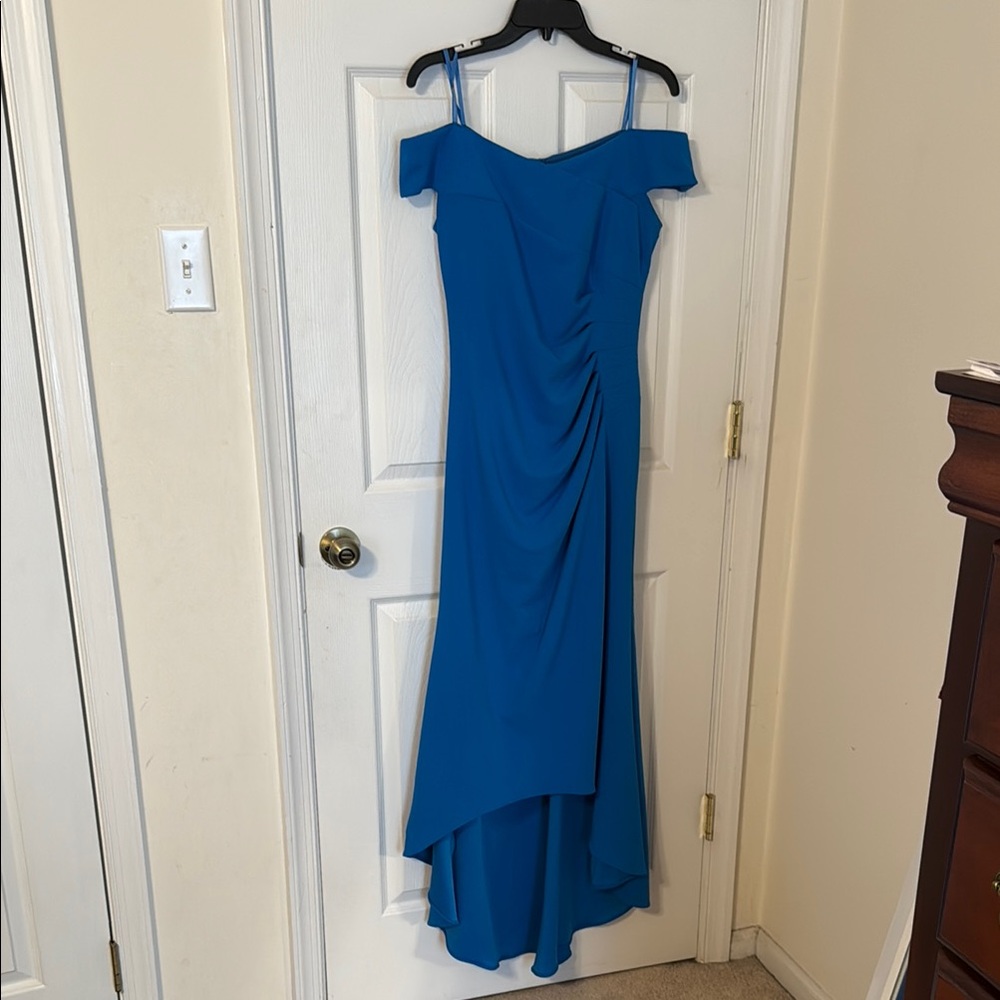 Xscape Blue Sleeveless High Low Gown